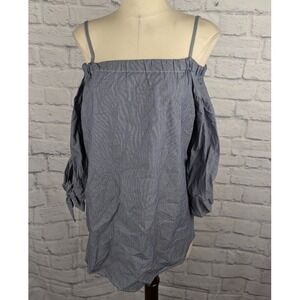 Seven Sisters Womens Off-the-Shoulder Tied Sleeves Peasant Top Size L Navy White